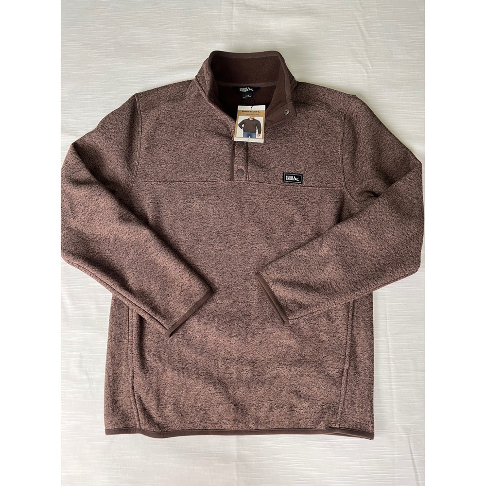 Eddie Bauer Mens Sweater Fleece Pullover Brown Marl Snap Neck Small NWT